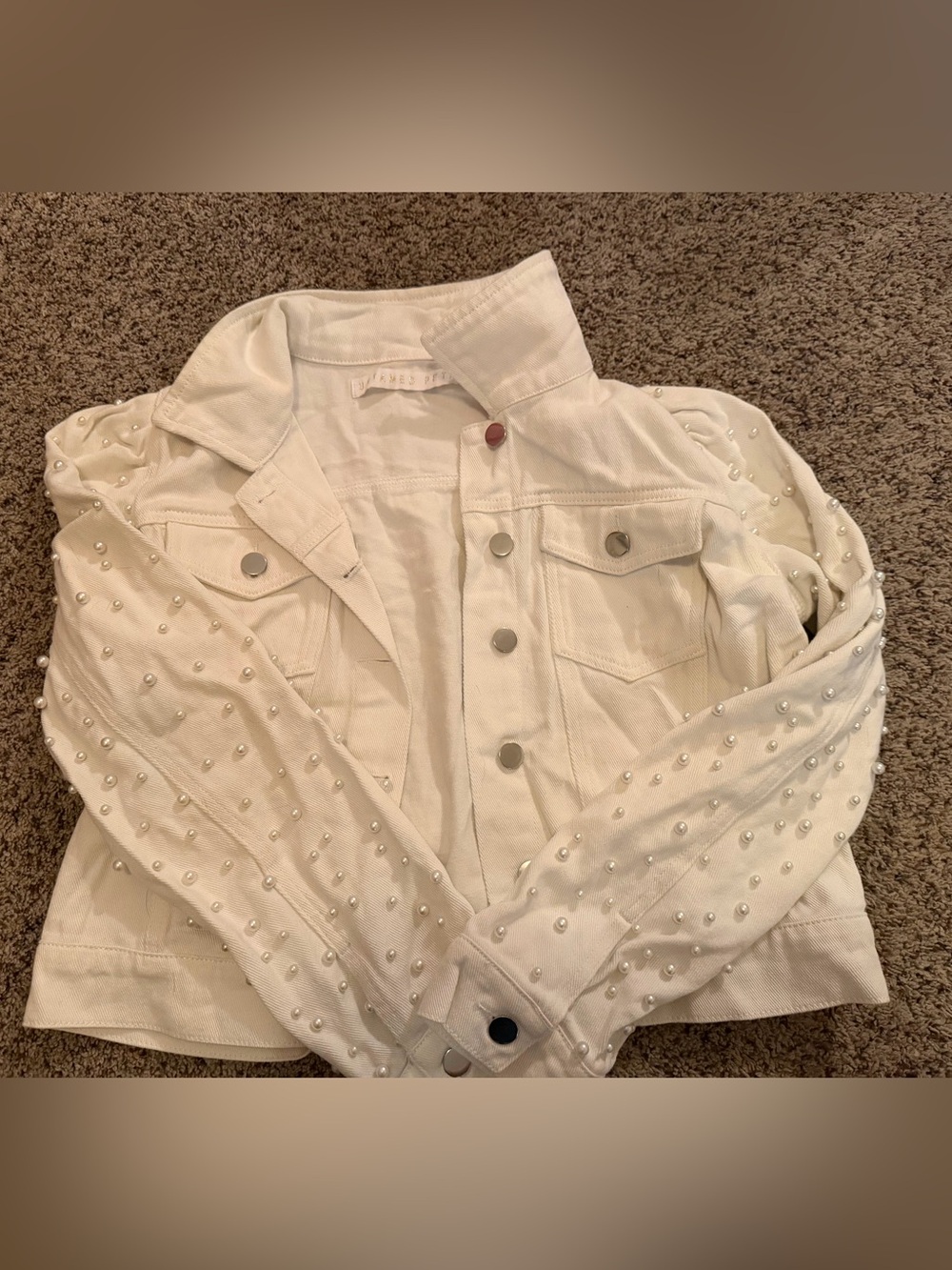 UNTAMED PETALS BY AMANDA JUDGE White Pearl-Embellished Denim Jacket